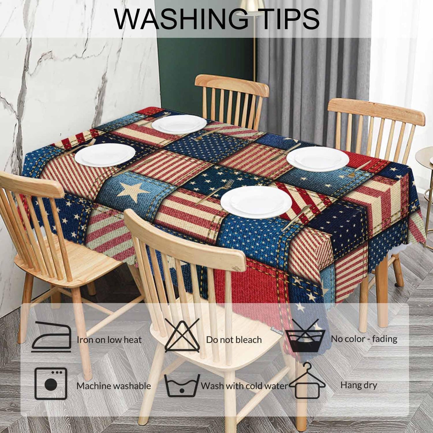 Beabes American Flag Tablecloth for Rectangle Tables Denim Patchwork of American Flag Picnic Table Cover Indoor and Outdoor Table Cloth Camping Tablecloths for Dinner Kitchen 52"X70"