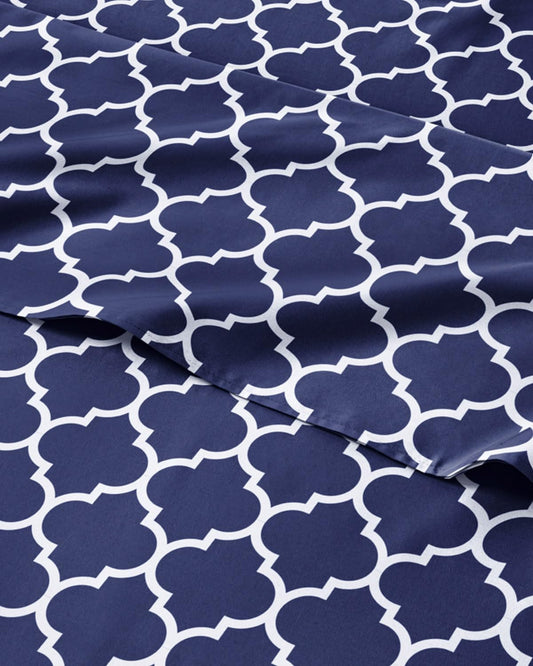 Blue Geometric Bed Sheets - 1 Flat & 1 Fitted Sheet & 2 Pillowcases w/ Deep Pockets – Wrinkle & Fade Free- Ultra-Soft, Breathable and Cooling - Luxury Moroccan Bed Set – Full Size - Navy Quatrefoil