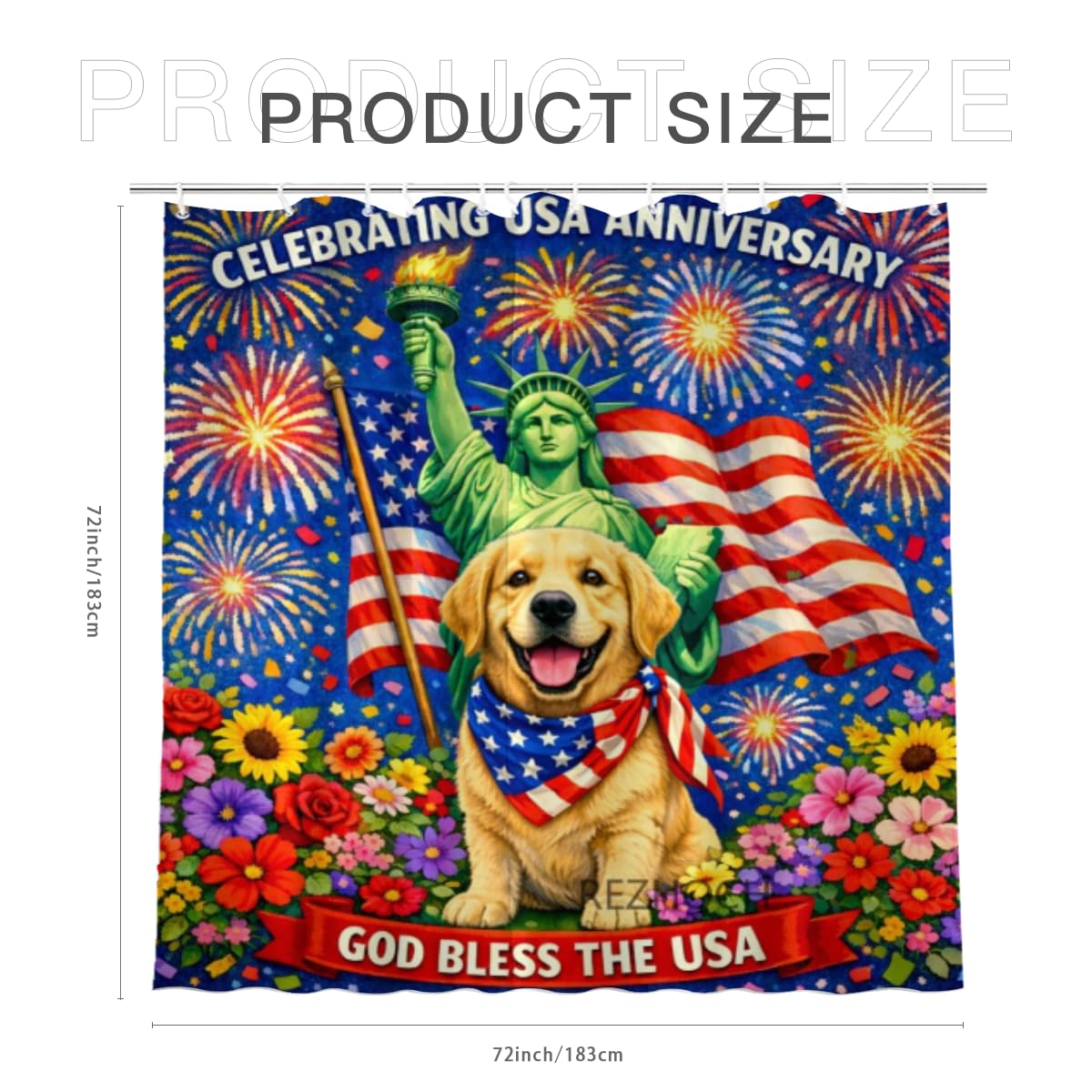 REZHOCH Patriotic Golden Retriever Shower Curtain 72x72Inch,USA Flag Liberty Statue Red White Blue Cute Animal Fireworks Bathroom Decor,Independence Day Waterproof Fabric Bath Curtain