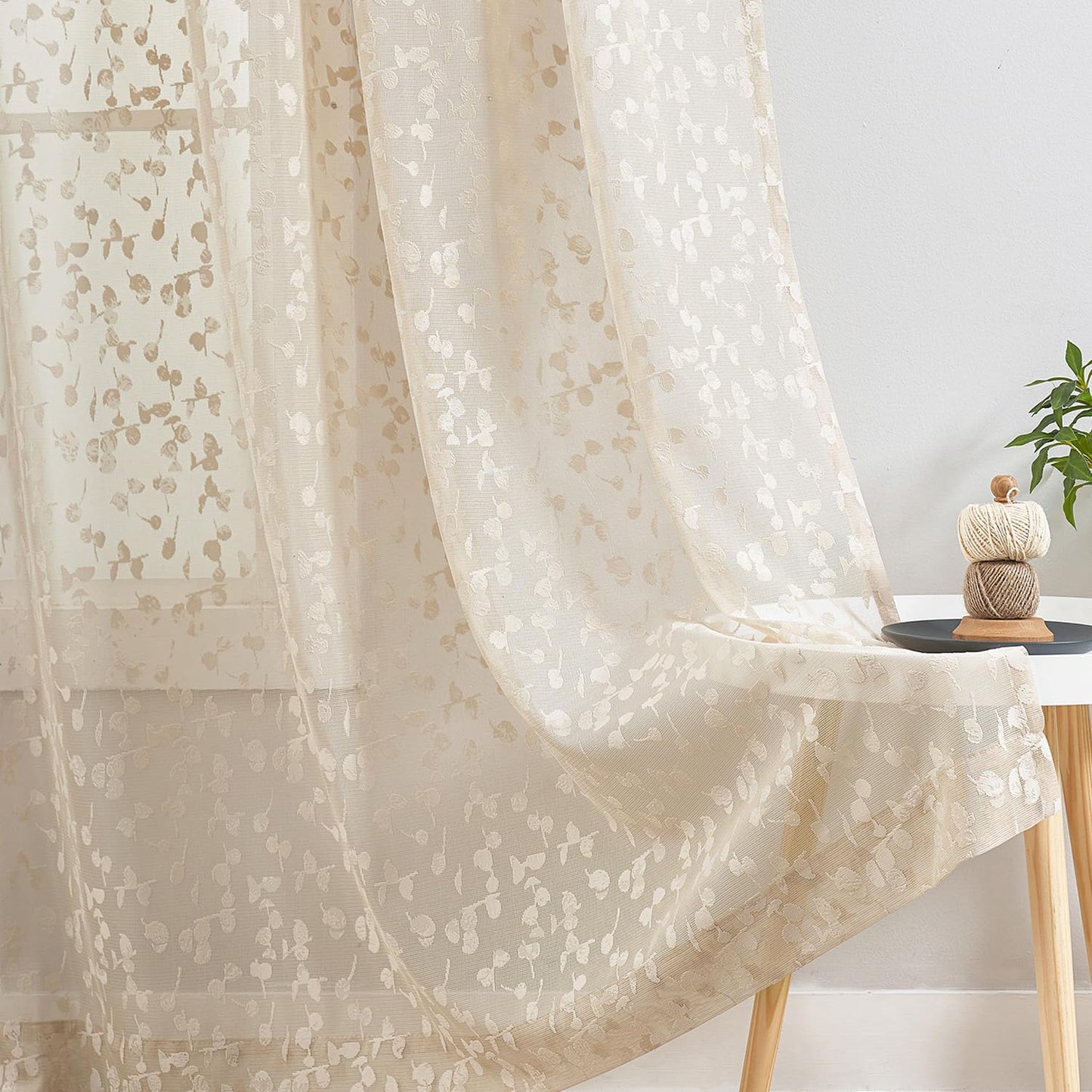 Jubilantex Beige Lace Sheer Curtains Embroidered Leaf Buds 63 Inches Long for Bedroom Textured Knitted Light Filtering Window Treatment Beige,52" W