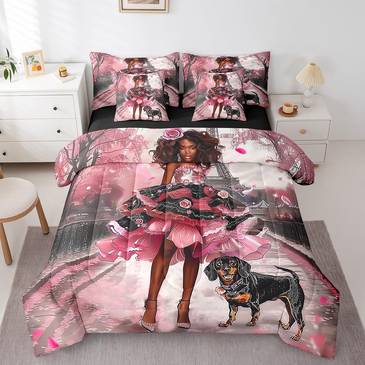 Black Fashion Lady Comforter Set Twin Size,Paris Eiffel Tower Bedding Set for Girls Teens,Romantic Valentine's Day (Comforter+Fitted+Flat Sheet+2 Pillowcases+2 Throw Pillow Covers) 7 Pieces