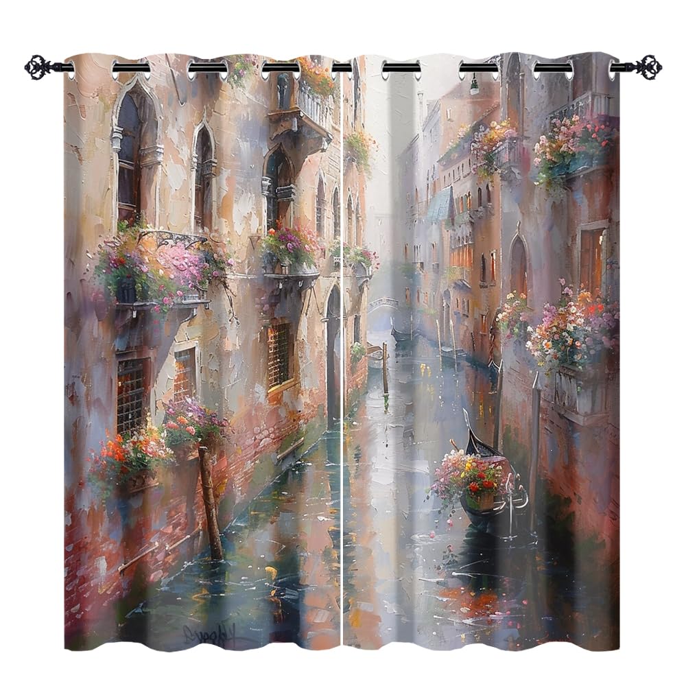 XSUPFLYM Rustic Oil Painting Landscape Privacy Perforated Curtains Modern Painting Art Mid Century Floral Architecture Curtains Top Grommets Window Treatment 2 Panels Each 21" W x 45" L