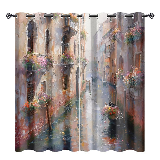 XSUPFLYM Rustic Oil Painting Landscape Privacy Perforated Curtains Modern Painting Art Mid Century Floral Architecture Curtains Top Grommets Window Treatment 2 Panels Each 21" W x 45" L