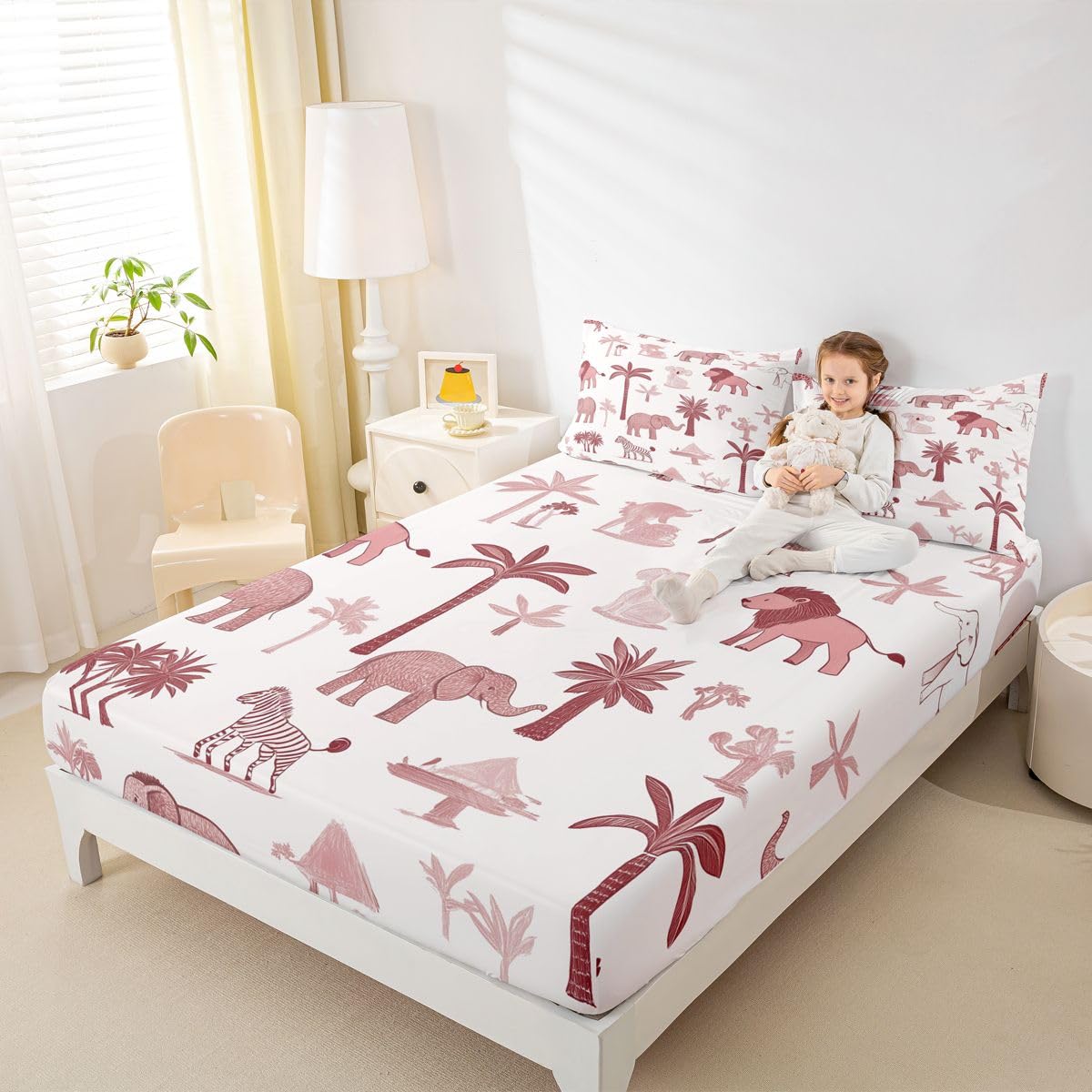 Erosebridal Jungle Animals Sheet Set Full Red Pink Bed Sheets for Kids Boys Girls African Safari Animal Flat Fitted Sheet Elephant Lion Giraffe Animal Sheets 3 Pcs