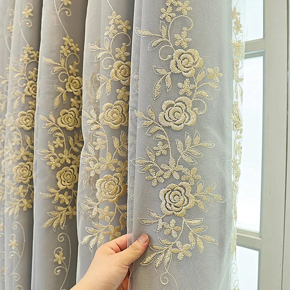 Amidoudou 1 Pair European Double Layer Curtains for Living Room Rose Shaped Embroidered Curtains for Bedroom (Grey,54x96 Inch)