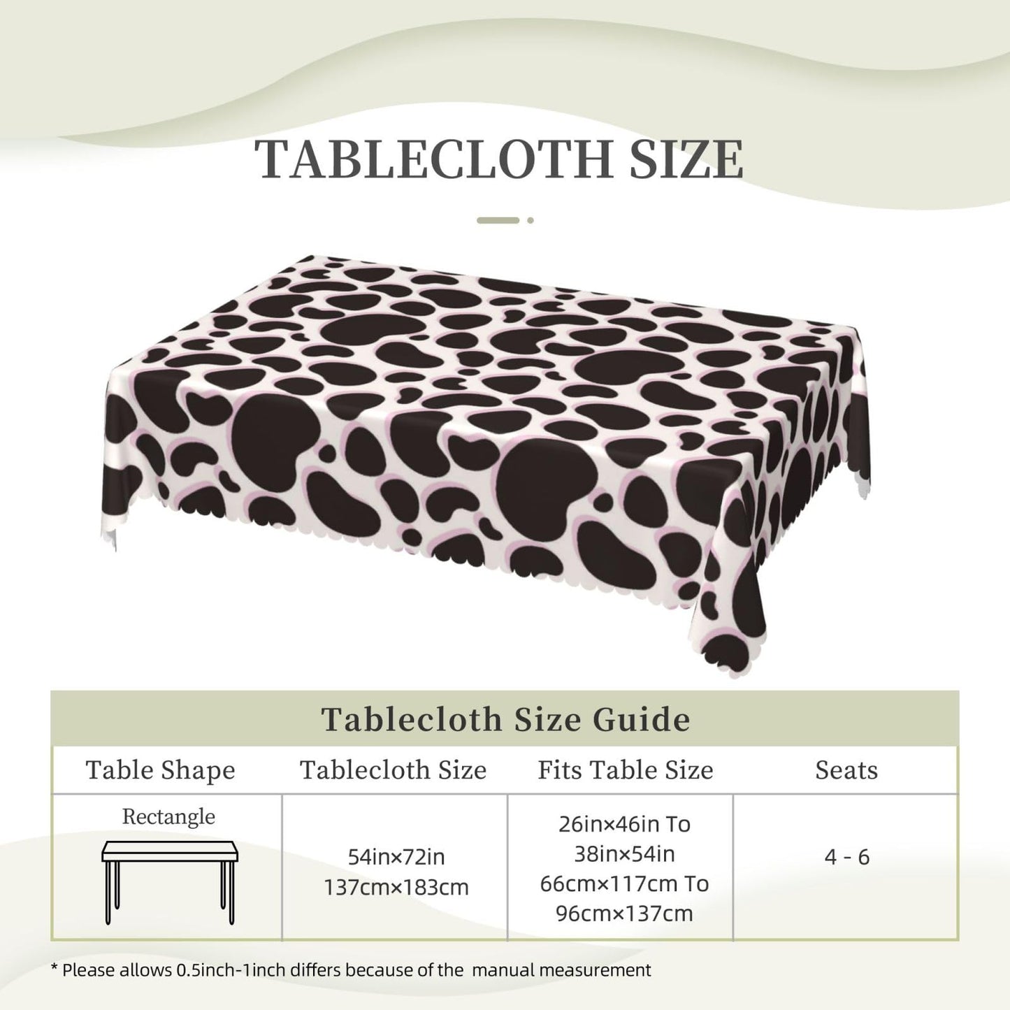 DRAVVIX Animal Skin Texture Rectangular Tablecloth Black Cow Print Table Cloth with Wavy Lace Decoration Polyester Table Cover for Dining, Parties 54x72 inch