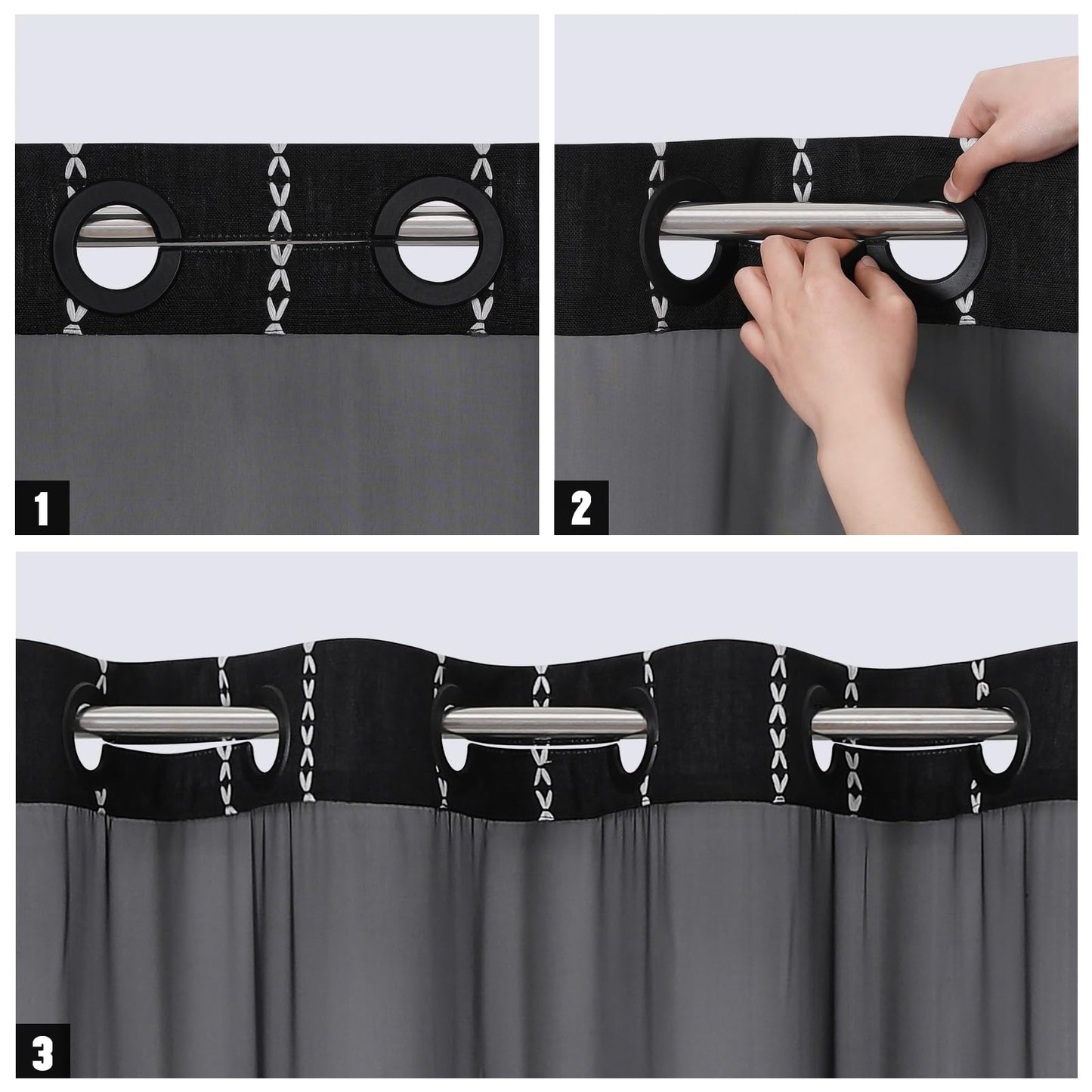 No Hooks Needed Farmhouse Shower Curtain with Snap-in Liner - with Window & Magnets, Boho Cotton Linen Fabric Shower Curtains with Tassels for Rustic Bathroom Decor, Black and White, 72 x 74