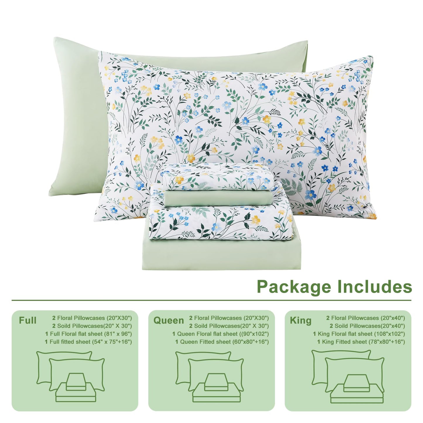 Swiftify Botanical Queen Bed Sheets Set 6-Piece, Boho Floral Brushed Microfiber Sheets, Cooling Bed Sheet Set, Soft & Breathable, 16' Deep Pocket Fitted Sheet & Pillowcase Set, Springfield Flowers
