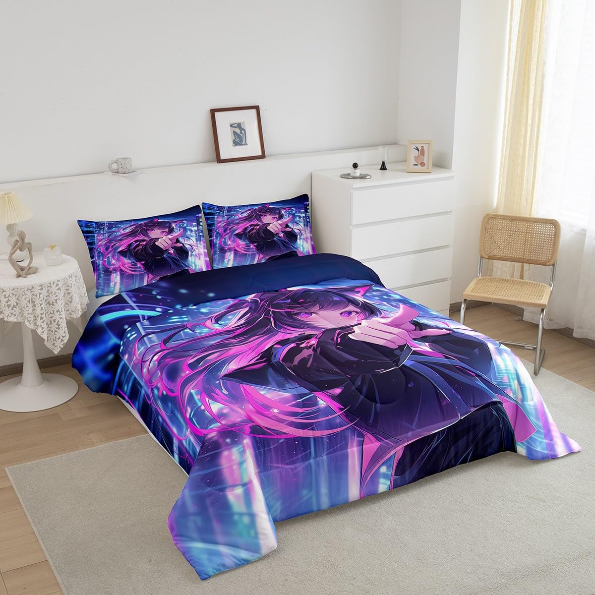 Erosebridal Kids Anime Girl Full Size Comforter Set, Japanese Anime Bedding Set, Cartoon Girl Quilt for Boys Teens Bedroom Decor, Kawaii Japanese Animation Duvet Insert with 2 Pillow Cases