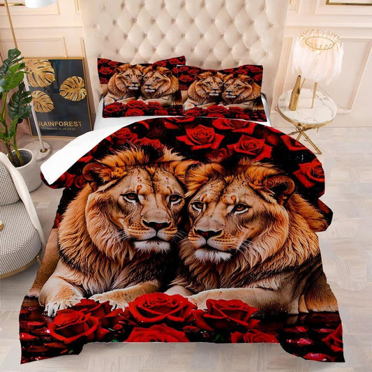 VTKON Kids Adults 3D Animal Comforter Set Queen, Soft Wildlife Lion Red Rose Print Bedding Set Theme Design Animal Print Bedding Set for Kids Youth Adults, Modern Brown Lion Quilt Cover Decor Room
