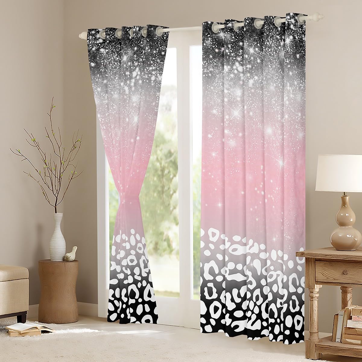 jejeloiu Leopard Print Curtains for Bedroom Living Room (2 Panels, 42 x 63 Inch) Kids Pink and Black Blackout Curtains Glitter Pattern Darkening Drapes Gradient Stryle Window Treatments