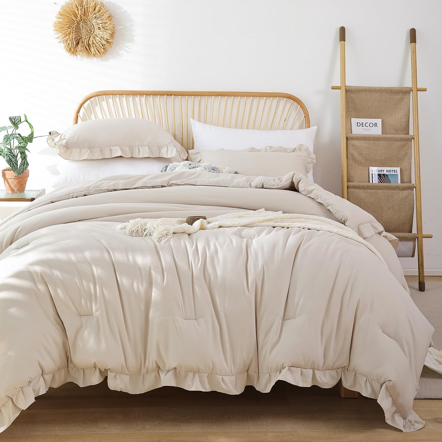 JANZAA Beige Comforter Set Queen – Soft Microfiber, Lightweight All Season Bedding, Ruffle Shabby Chic Aesthetic, Breathable Cozy Bed Set with 2 Pillow Shams, Machine Washable