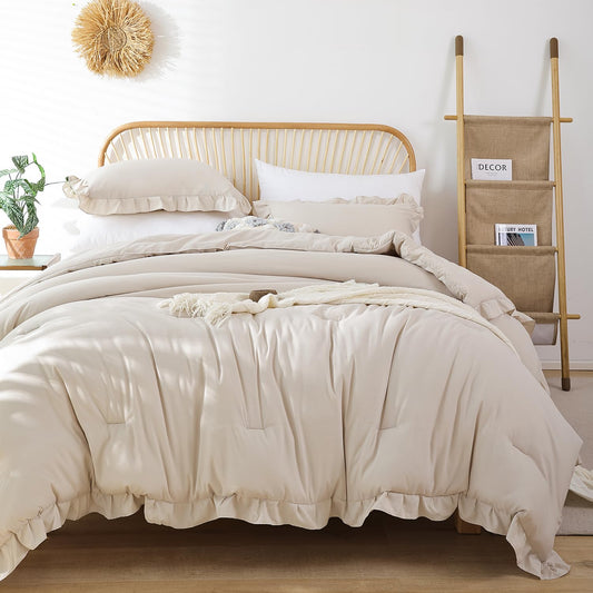 JANZAA Beige Comforter Set Queen – Soft Microfiber, Lightweight All Season Bedding, Ruffle Shabby Chic Aesthetic, Breathable Cozy Bed Set with 2 Pillow Shams, Machine Washable
