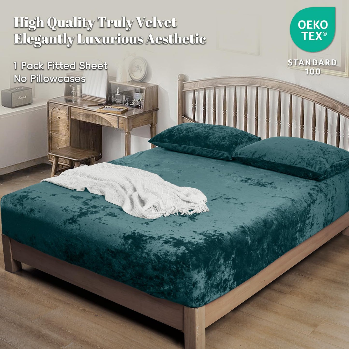PHF Truly Velvet Fitted Sheet Only Queen Size, Luxury Super Soft Cozy Fuzzy Fleece Bottom Sheet, Deep Pocket Up to 16",Strenghth Elastic Band, Suitable for Fall Winter Spring, No Pillowcases, Teal