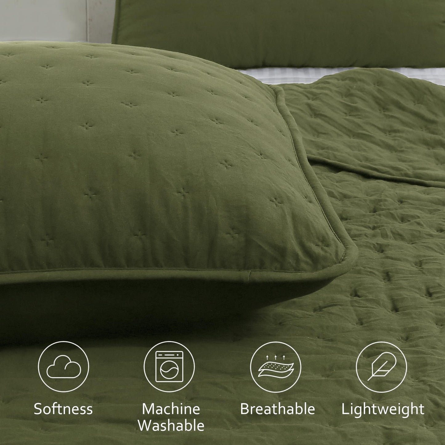ROARINGWILD Olive Green Cloud Twin Size Quilt Bedding Sets with Pillow Sham, Farmhouse Lightweight Soft Bedspread Coverlet, All Season Rustic Country Thin Comforter, 2 Pieces, 68x90 inches