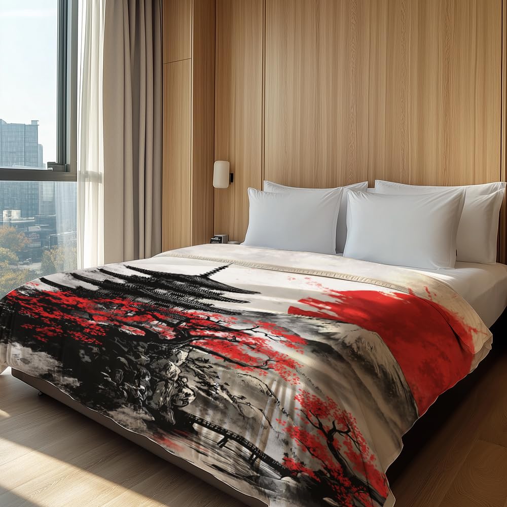 HUNXIAOJ Japanese Throw Blanket Japanese Gifts Cherry Blossom Blanket Japan Scenery Decor Warm Soft Flannel for Girls Boys Women Teens Adults Bed Sofa Couch (60 in x 80 in)