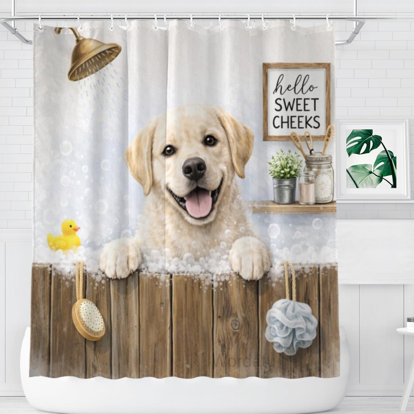 Wordatu Funny Labrador Retriever Farmhouse Shower Curtain 72x72 Inch Rustic Hilarious Pet Animal Country Bathroom Set Accessories Decor with 12 Hooks