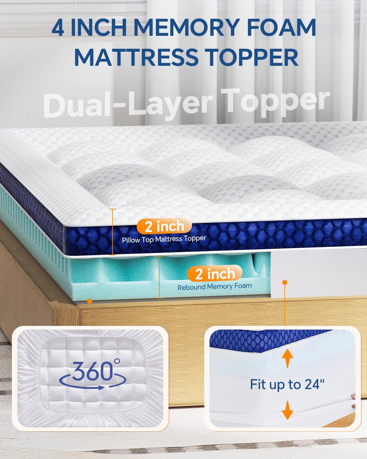BEDELITE King Dual Layer 4 Inch Memory Foam Mattress Topper, 2 Inch Soft Pillow Top Mattress Pad Cover and 2 Inch Gel Memory Foam for Pressure Relief, 2-in-1 Design for Comfort & Support