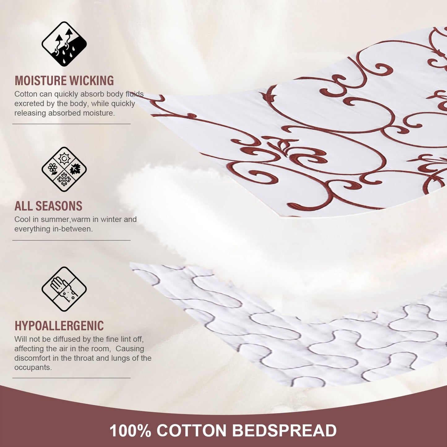 FineStichery Oversized Queen Bedspread 120"x102" - 100% Cotton Extra Large Quilt, Embroidered Bedspread Coverlet with Pillow Shams, Lightweight Quilted Bedding Set 3 Piece, Burgundy/White