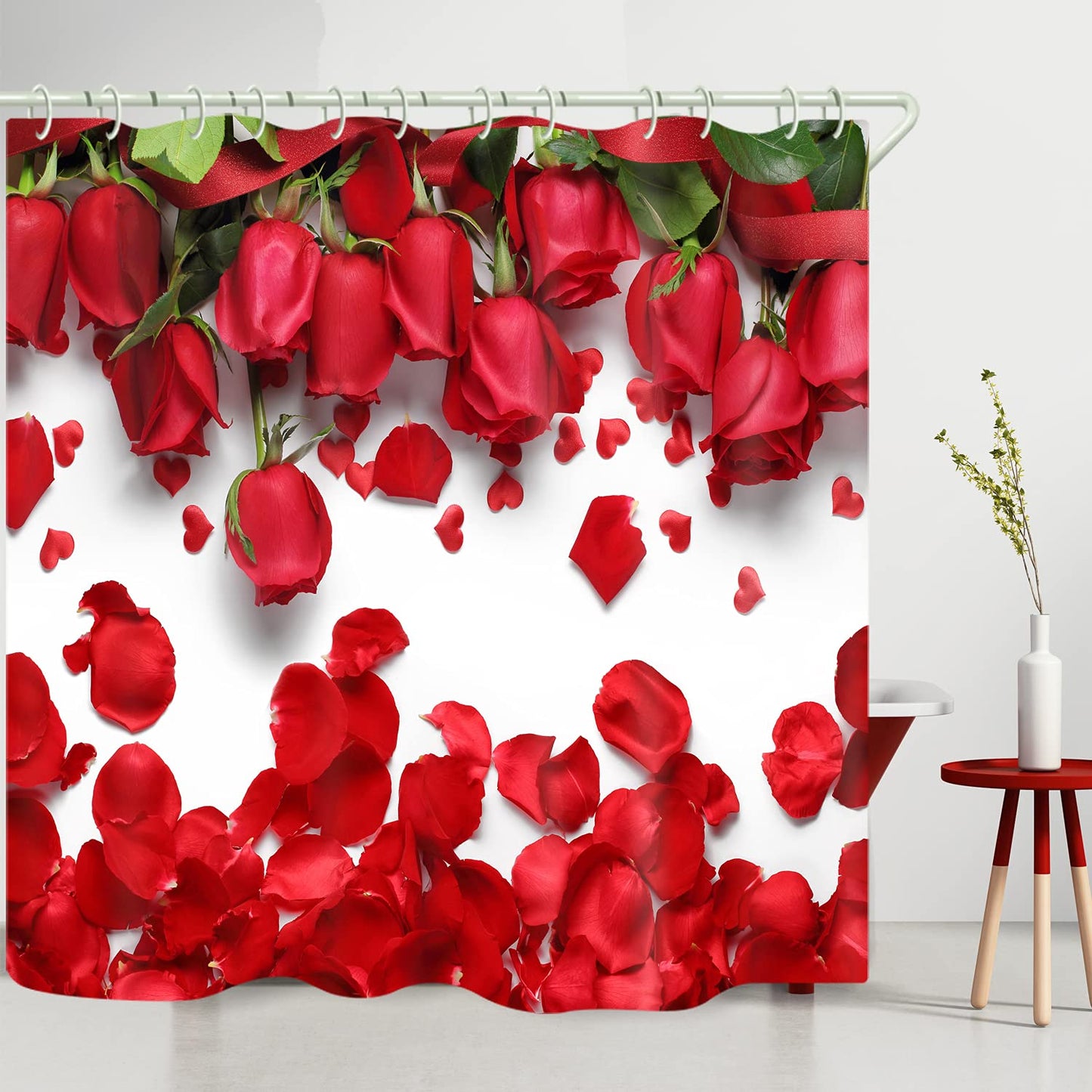 LYFANS Waterproof Fabric Shower Curtains Lining Printed Red Rose Petal Covered Bathtub Bathroom Curtain Includes 12 Shower Curtains Hooks, 59 x 72 Inch Peep Proof Shower Curtain.