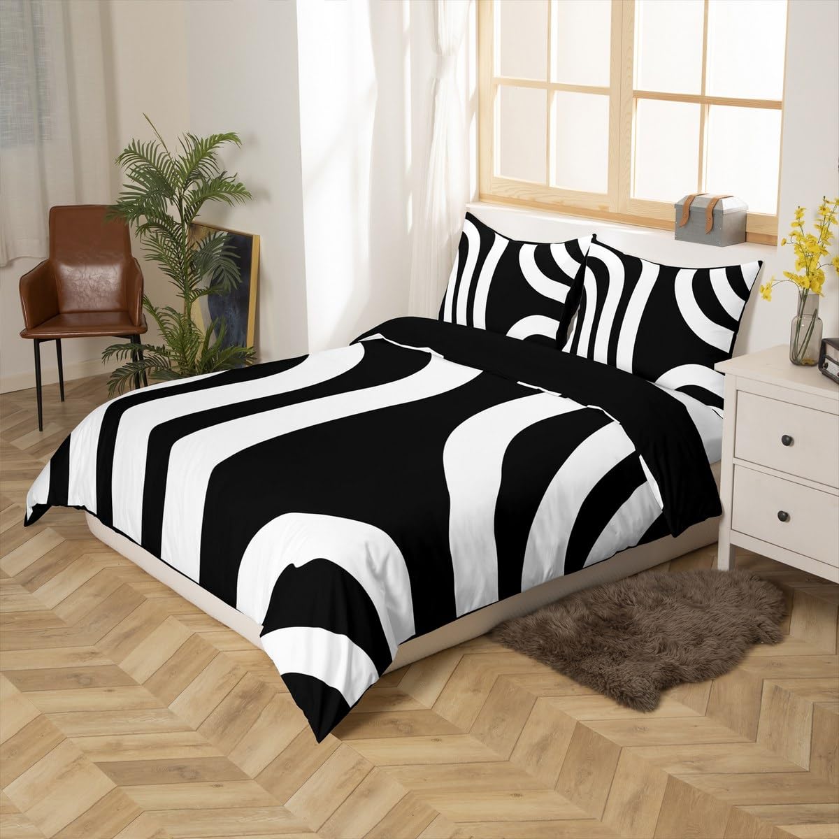 jejeloiu Black White Geometric Duvet Cover Kids Geometric Bedding Set King Size Abstract Art Comforter Cover for Women Men Room Decor Soft Microfiber Modern with 2 Pillow Case,No Comforter