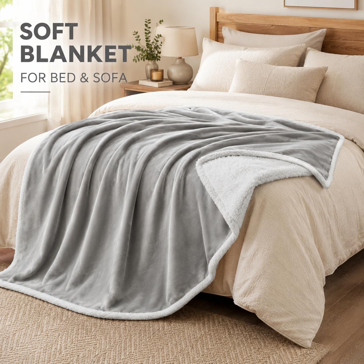COZYXWORLD Sherpa Blanket Twin Size 60x80 Inches, 480GSM Extra Soft Thick Warm Blanket for Bed, Double-Layered Reversible Flannel Fleece Bedspread, Oeko-TEX Certified Skin-Friendly, Grey