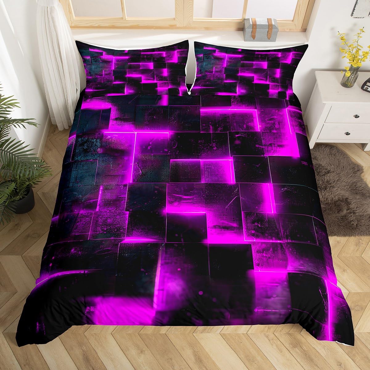 Erosebridal Black and Purple Duvet Cover Queen Modern Abstract Queen Bedding Set, 3D Glowing Plaid Comforter Cover Gradient Grid Bed Set, Neon Square Bedding 3pcs (Black Reversible)