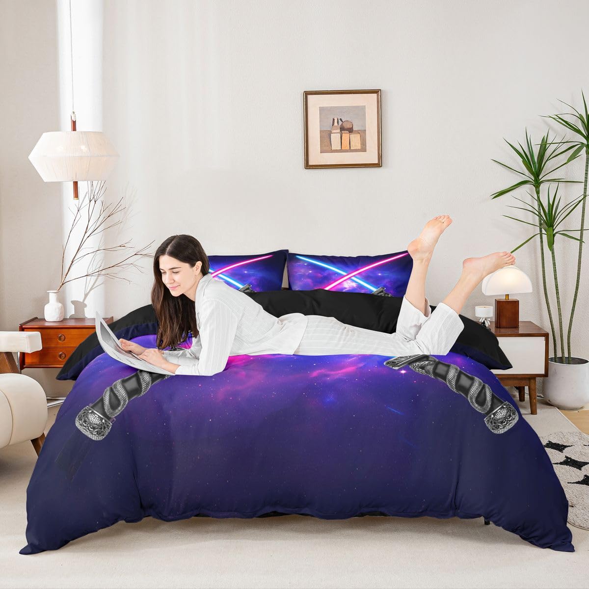 Manfei Kids Lightsaber Duvet Cover Set Queen Size Light Saber Sword Bedding Set 3pcs for Boys Teens, Blue Purple Starry Sky Comforter Cover Galaxy Outer Space Bedspread with 2 Pillowcases,No Comforter