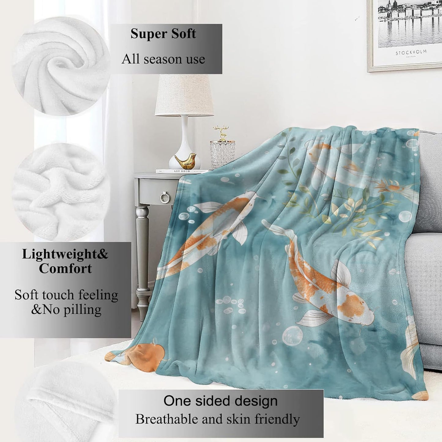 VODRM Koi Fish Blanket Gentle Aqua Tones Throw Blankets,Birthday Gifts for Kids Adult & Ocean Nature Lovers,Lightweight Soft Fleece Cozy for Sofa Couch Bed Room Zen Decor 50x60in
