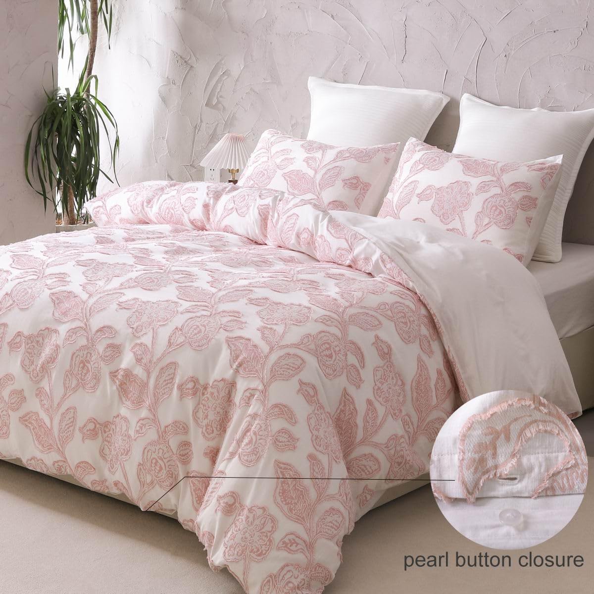 meadow park Cotton Clipped Jacquard Duvet Cover Set King, 3 Pieces Jacobean Floral Bedding Set (Pink, King)