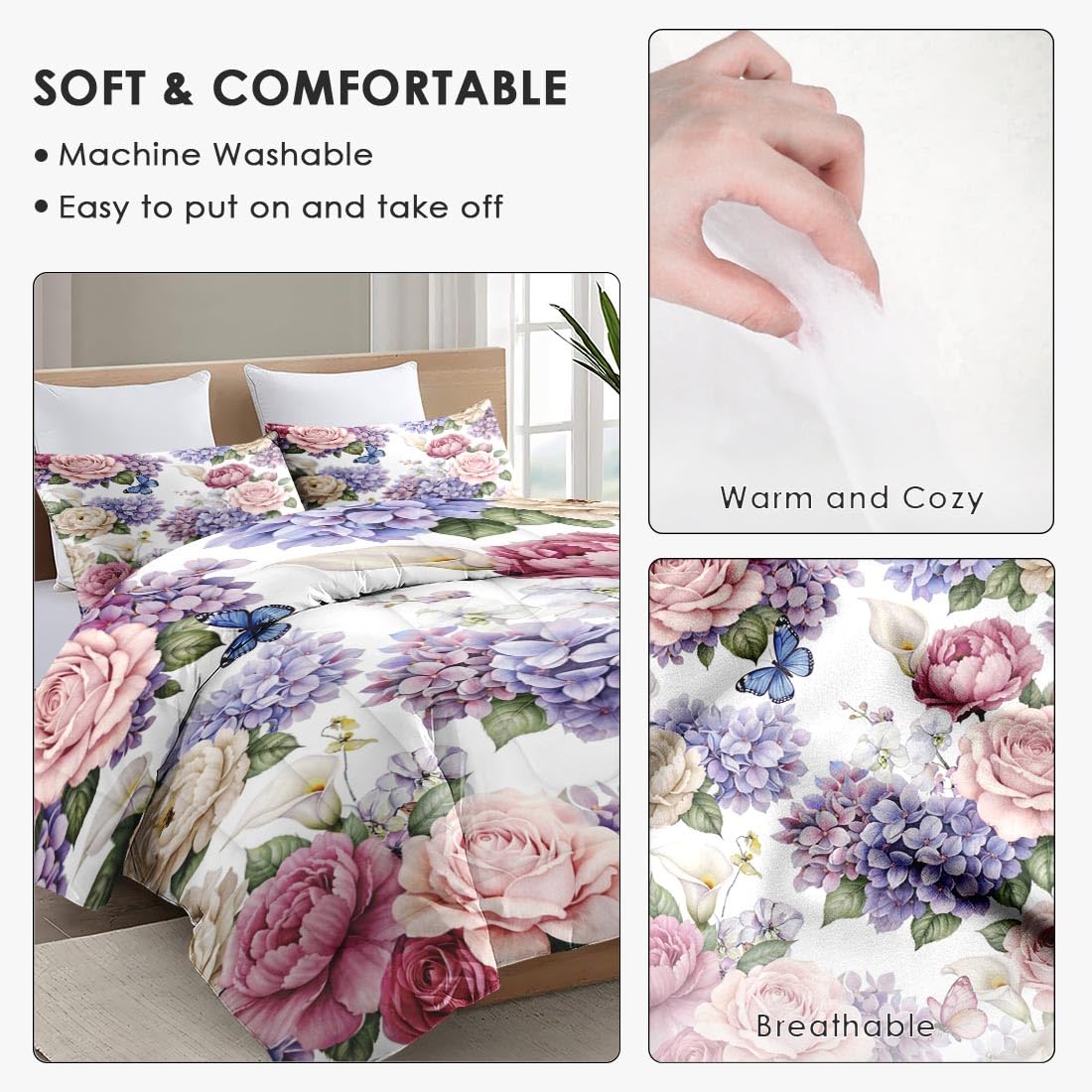 WeCozy Twin Size Comforter Set with Pillowcase, Painting Floral Rose Flower Hydrangea Soft 2 Pcs Bedding for Kids and Adults Bedroom Bed Decor