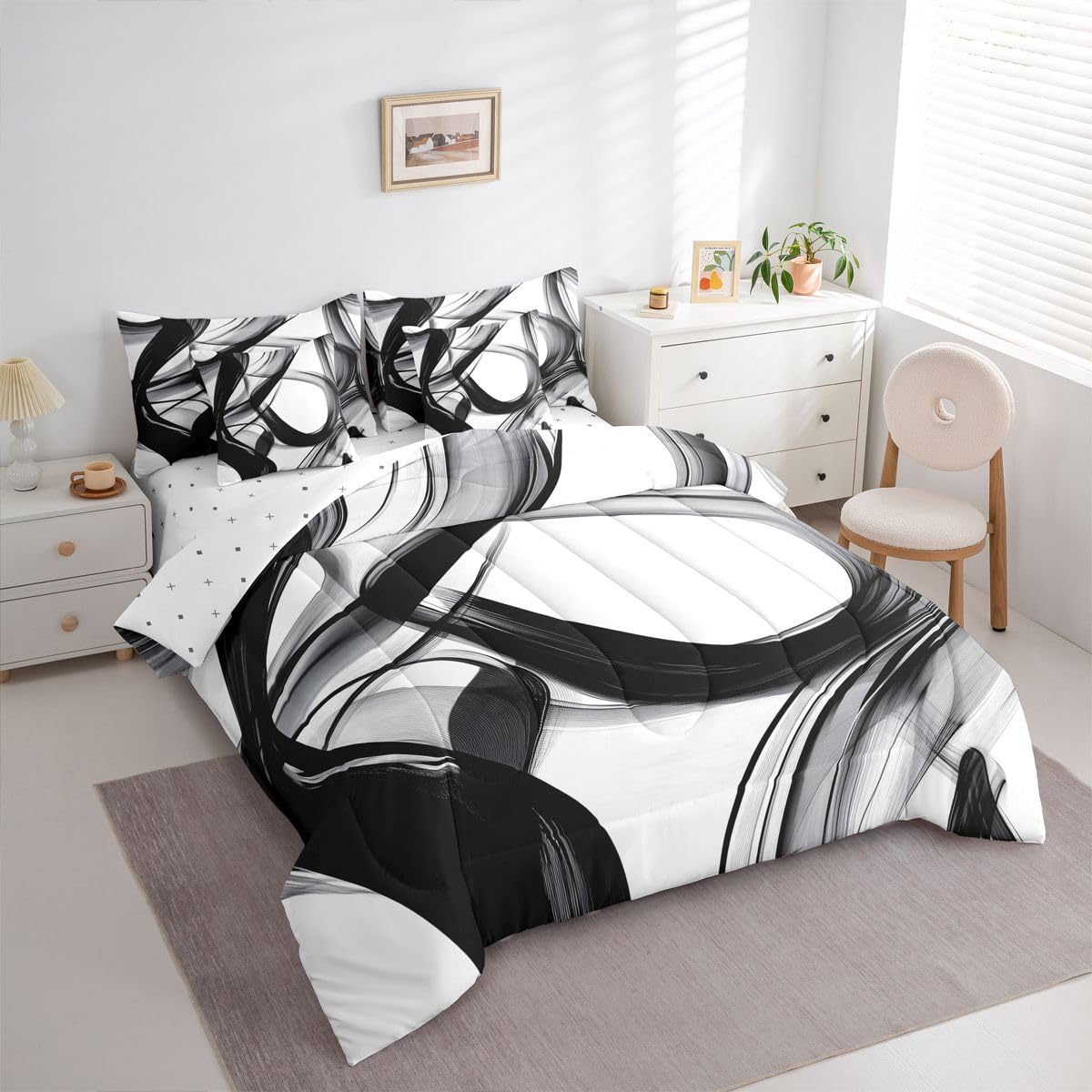 jejeloiu Abstarct Comforter Set with Sheets 7 Piece King Size Stripe Line Bedding Set for Kids Boys Girls Modern Art Bed in a Bag Room Decor Soft Lightweight Microfiber
