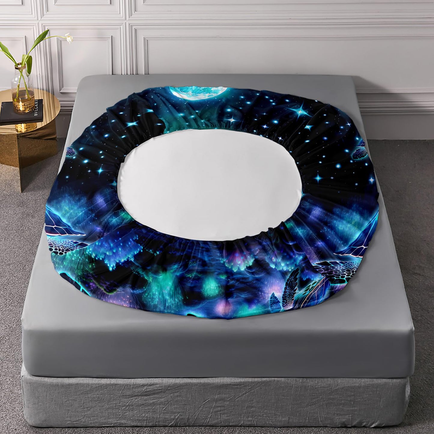 UEVBF Sea Turtle Fitted Sheet Kids Bedding Twin Size,Glowing Waterweed Moon Flash Fitted Sheet for Kids Boys Girls Room Decor,Coastal Reptile Animal Bedding Set,1 Fitted Sheet+2 Pillowcases.