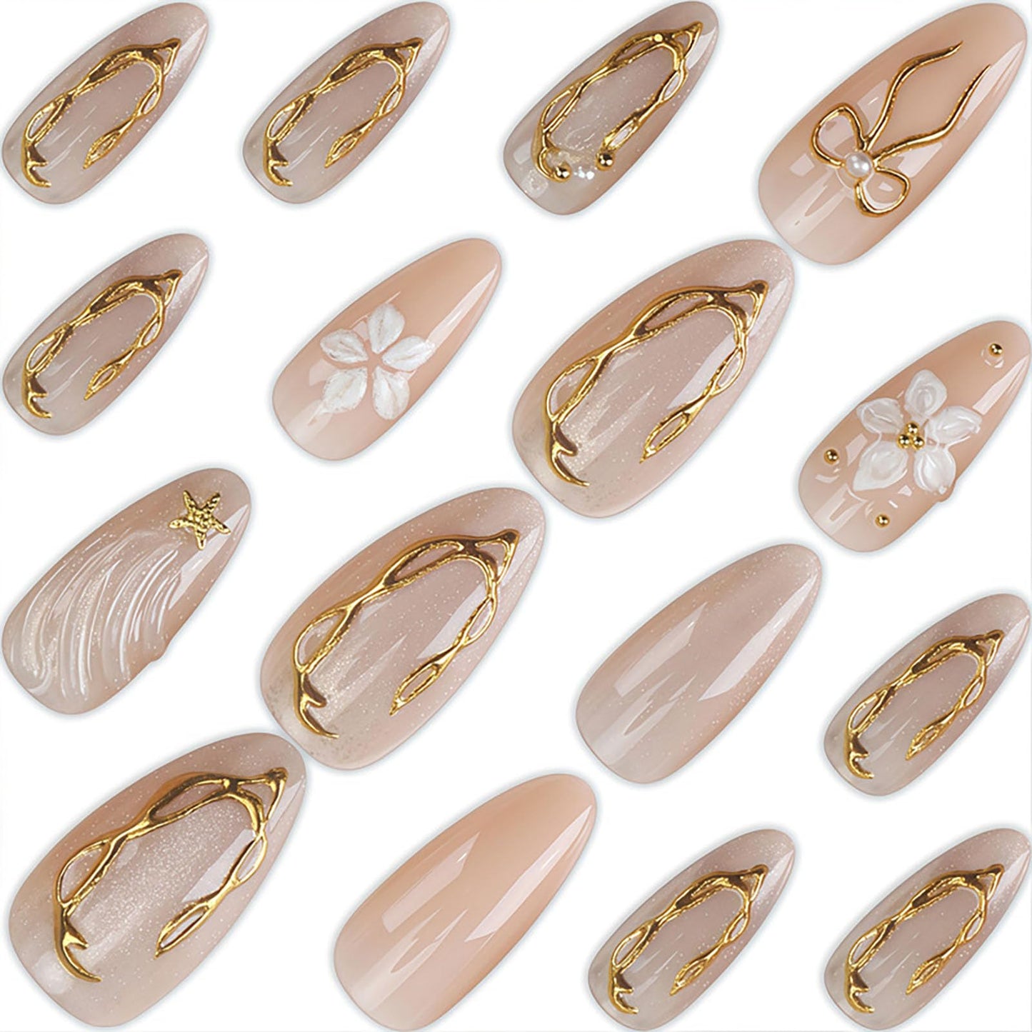 RUOKEXIN Almond Press on Nails Medium Fake Nails Nude False Nails with 3D Gold Bow Designs Full Cover Nail Press ons Sparkly Artificial Nails for Women 24Pcs