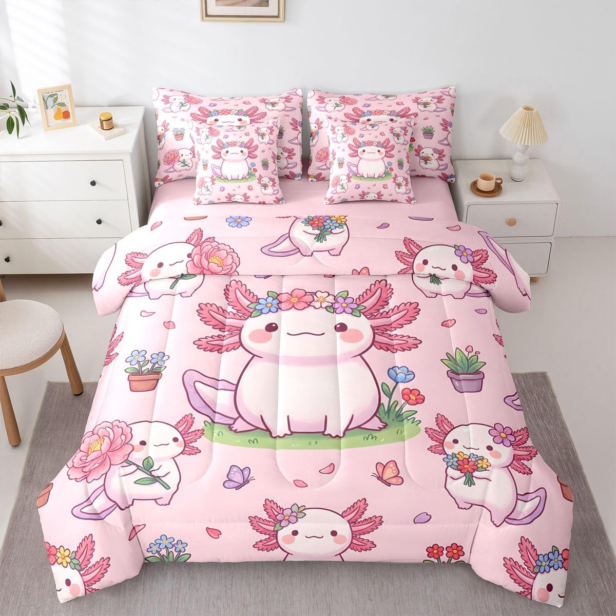 Kids Cartoon Axolotl Twin Size Bedding Set for Girls Pink Flower Floral 7 Pieces Comforter Set with Sheets for Preteen Girly Pink Axolotl Bed in a Bag for Teens Spring Garden Blossom Bed Sets