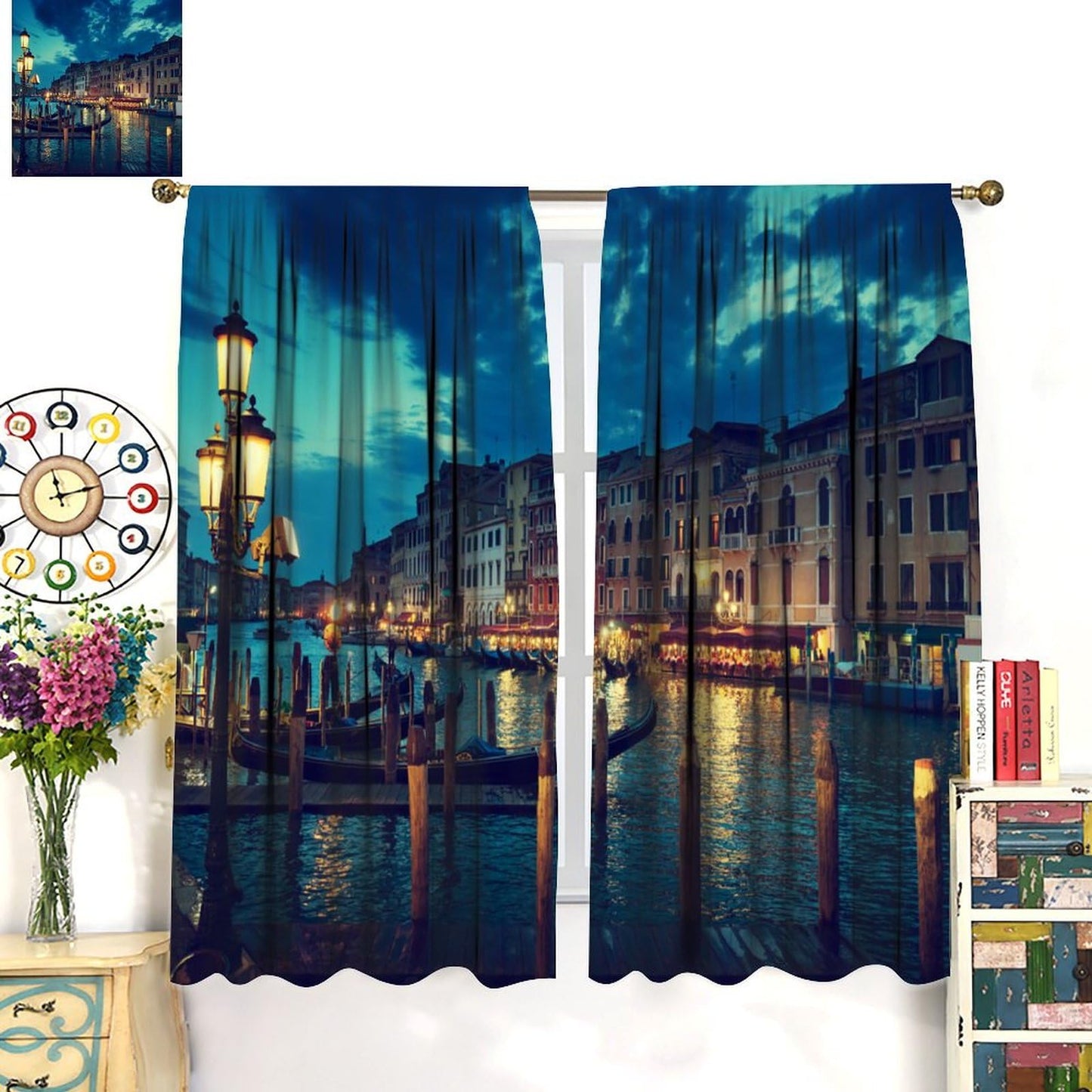 Venice Night Curtains, Night View of Architectural Waterways in Italian Cities in Europe Decor Windows Treatments, Thermal Insulation Rod Pocket Drapes For Boys Girls Bedroom Living Room 42x45in