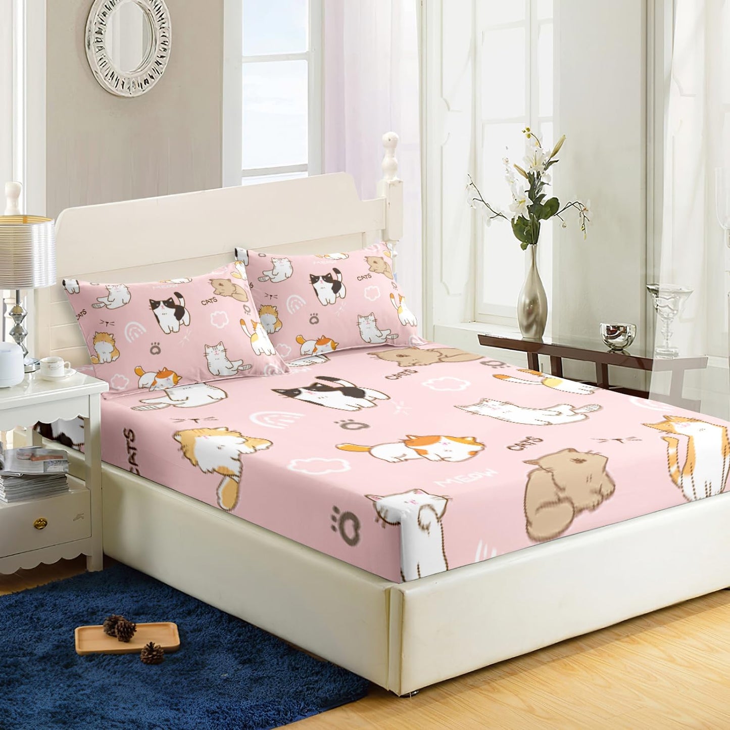 AILONEN Cats Fitted Sheet Twin XL Size Cartoon Cat Cute Bed Sheet for Kids Girls Teen Pink Kawaii Bedding Set Decor 3 Pieces Set, 1 Fitted Sheet and 2 Pillowcases