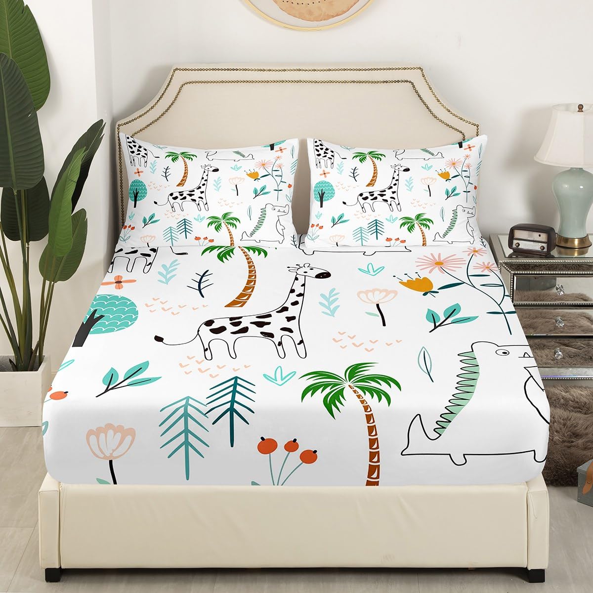 Cute Giraffe Bed Sheet Set for Kids,Cartoon Dinosaur Sketch Sheets Set,Coconut Tree Flowers Wildlife Home Decor Sheet Sets with Deep Pocket,Top Sheet,1 Pillow Case,Twin