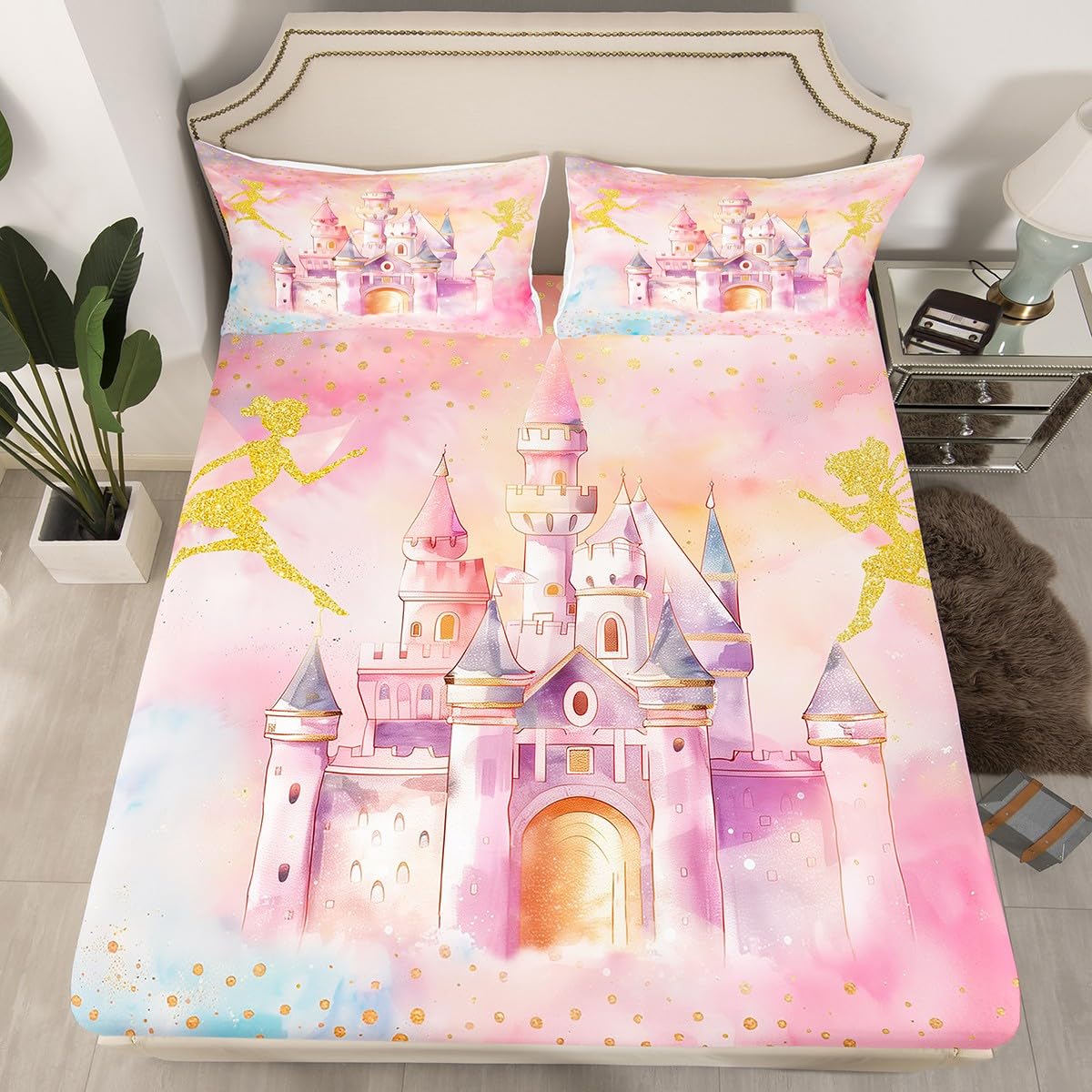 Erosebridal Pink Castle Twin Bedding Set,Cute Dreamy Fairy Fitted Sheet for Girls Teen Kids,Coquette Sweet Princess Bed Set,Kawaii Girly Bed Sheets 2Pcs Room Decor (No Flat Sheet)