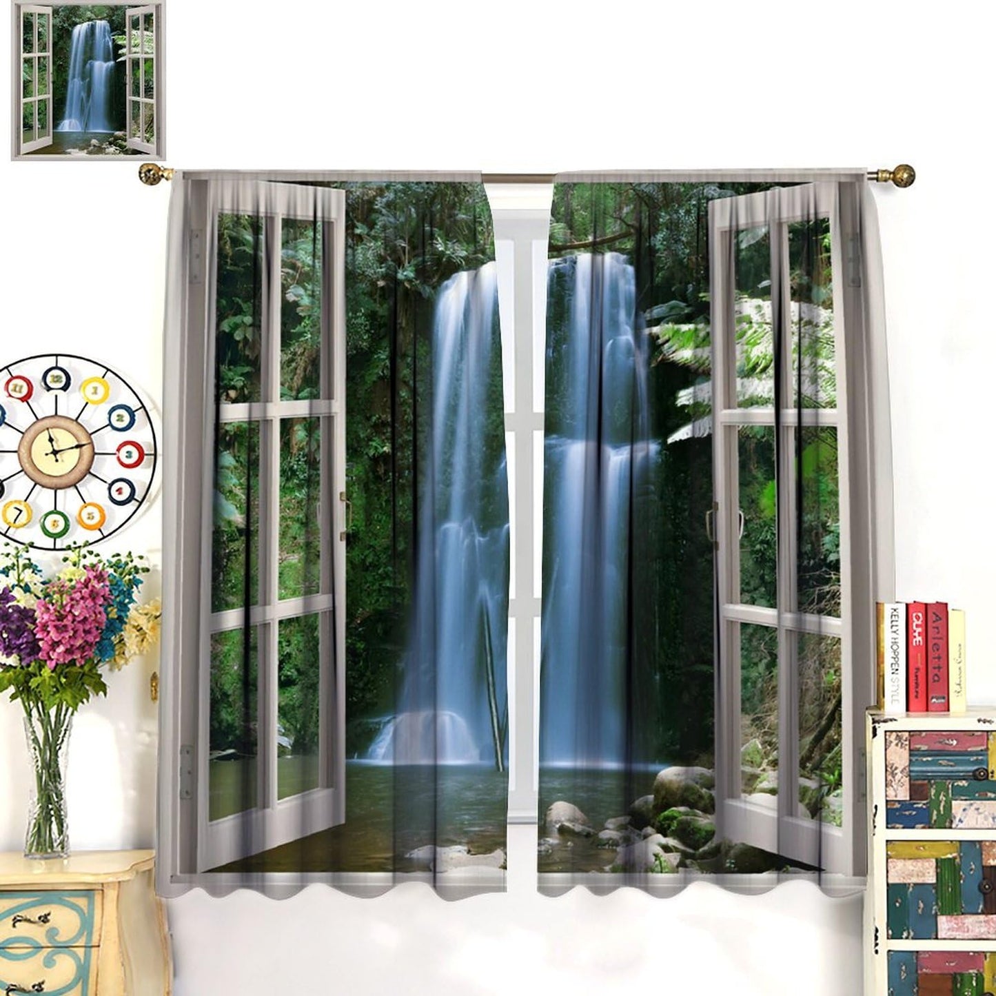 Nsbul Landscape Curtains, Waterfall Scene Lush Greenery Nature Decor Window Drapes for Bedroom Living Room, 42" W X 45" L (No Blackout)