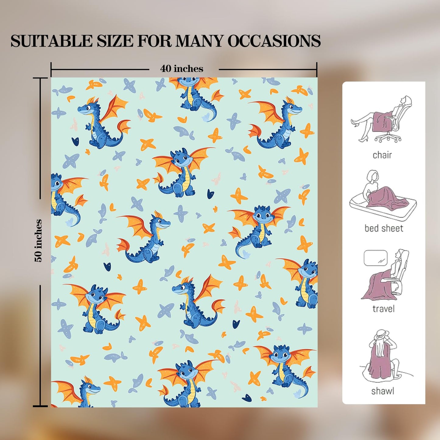 Cute Little Flying Dragon Blanket Dragon Fleece Throw Blanket Super Soft Fuzzy Plush Cozy Warm Dragons Decor Stuffed Bedding Blankets Gift for Boys Girls Men Women Kids & Adult 50"X40"