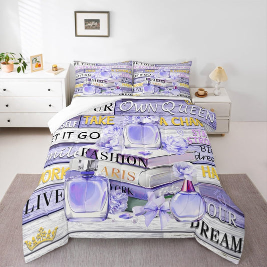 Erosebridal Blue Purple Fashion Floral Comforter King Size for Girls Women Girly Fantasy Aesthetic Modernas Bed Set Boho Funny Cute Paris Bedding Perfume Preppy Dreamy Blueviolet Bow Quilt