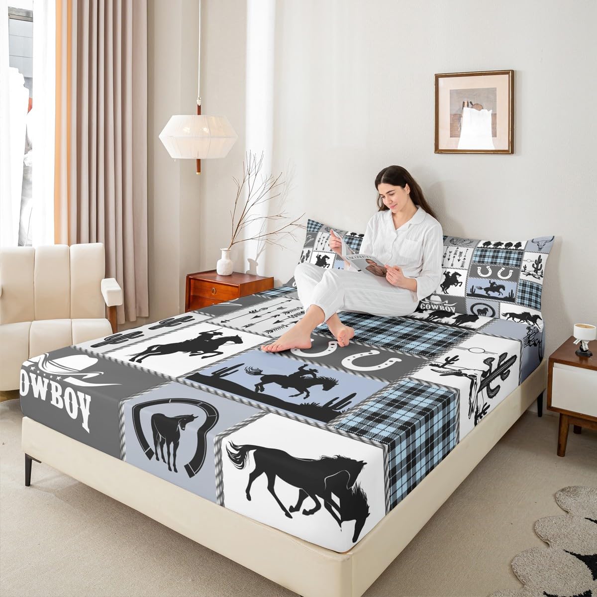 Western Cowboy Kids Fitted Sheet Full Size,Horseshoes Cactus Rustic Farmhouse Bedding Set,Boys Girls Adults Room Decor,Arrow Geometric Plaids Bed Cover,Blue Retro Bed Sheet,2 Pillowcases