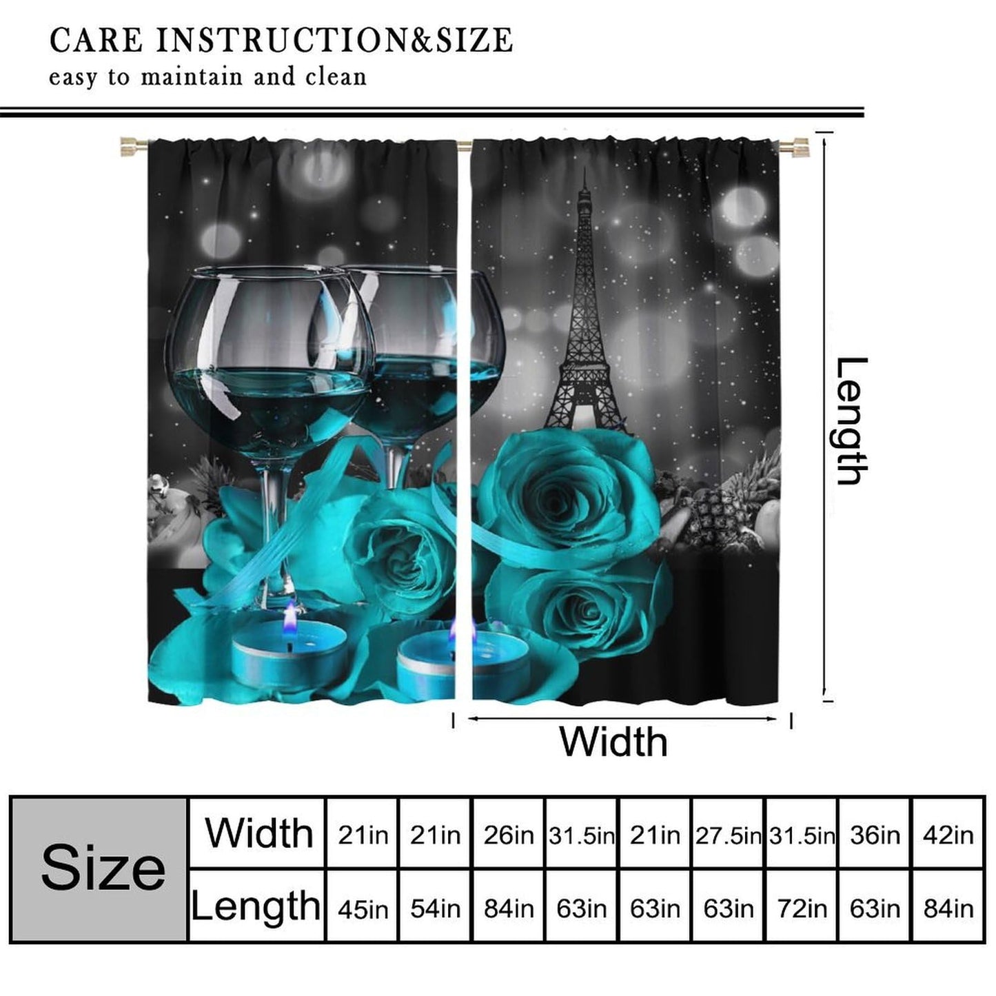 wlsgdsg Wine Curtains for Kitchen,Romantic Farmhouse Kitchen Fruit Cyan Rose Flower Candle Paris Tower Light Art Window Drapes Print for Boys Girls Bedroom Living Room 42x45in