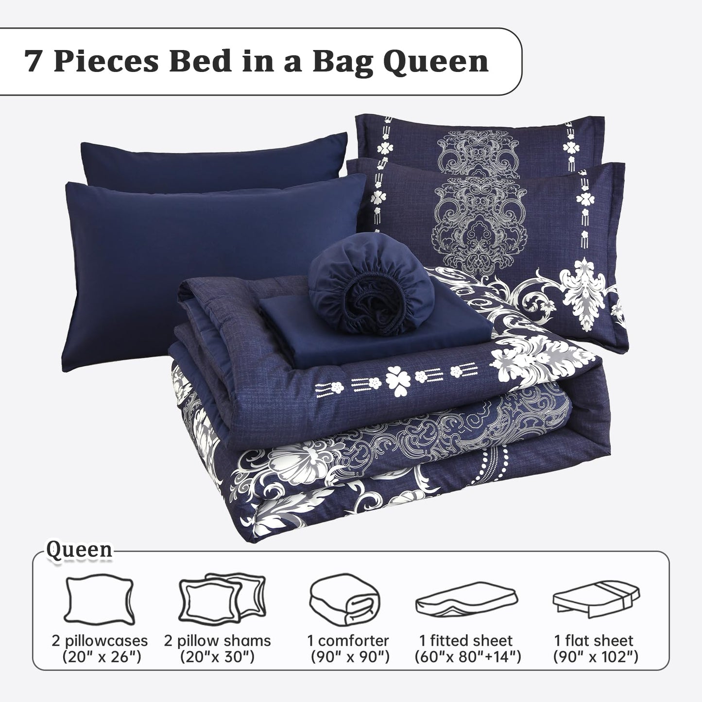 Mybedsoul Navy Blue Queen Comforter Set, 7 Pieces Boho Bed in a Bag for Queen Bed, Damask Comforter with Sheets Pillowcases, Soft Microfiber Lightweight Bedding Sets for All Season(90"x90")