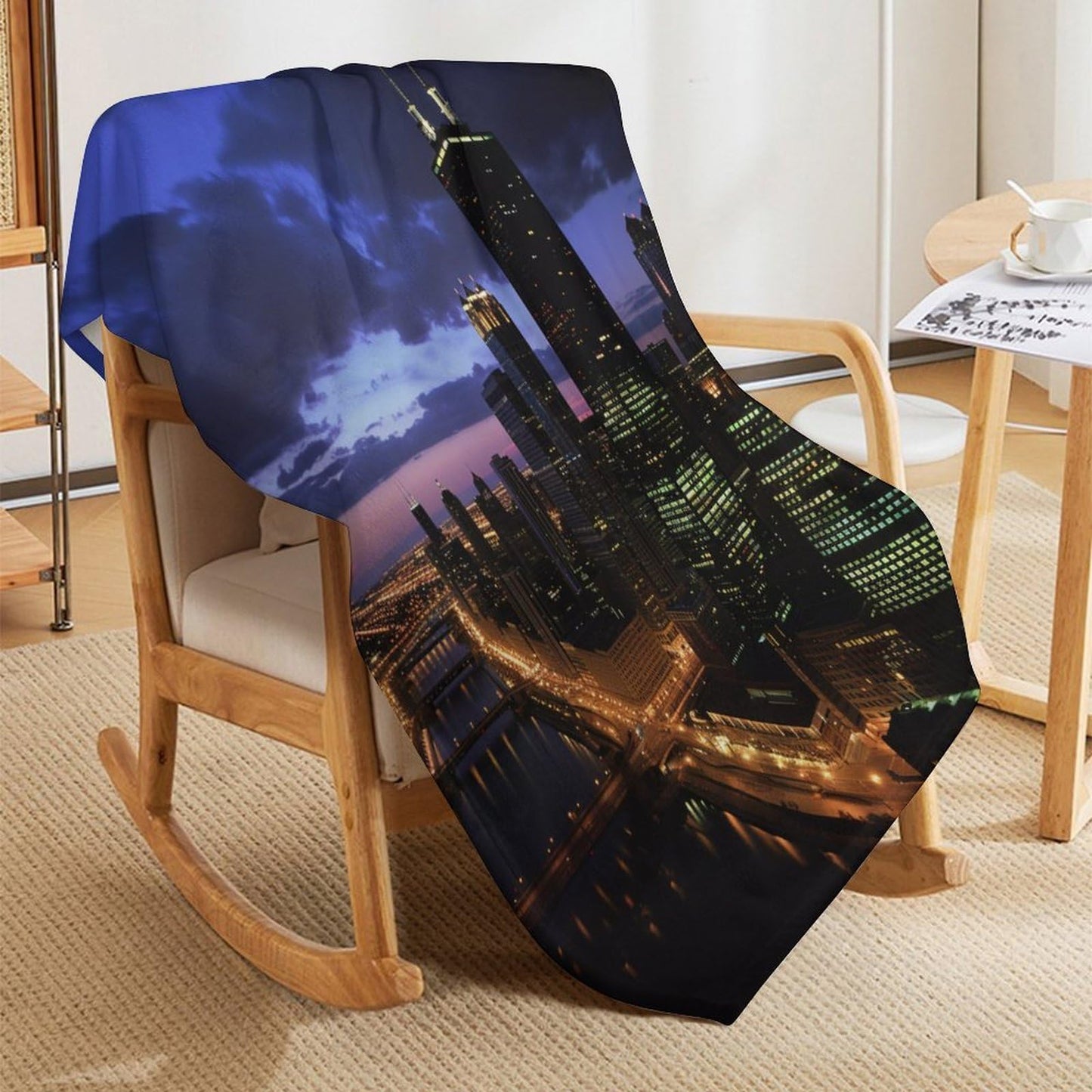 HDESDIS Night City Landscape Throw Blanket, Soft Cozy Chicago Skyline Skyscraper Blanket for Couch, Sofa, Bed, Warm Decorative Blanket for Women and Men, 50"x60"