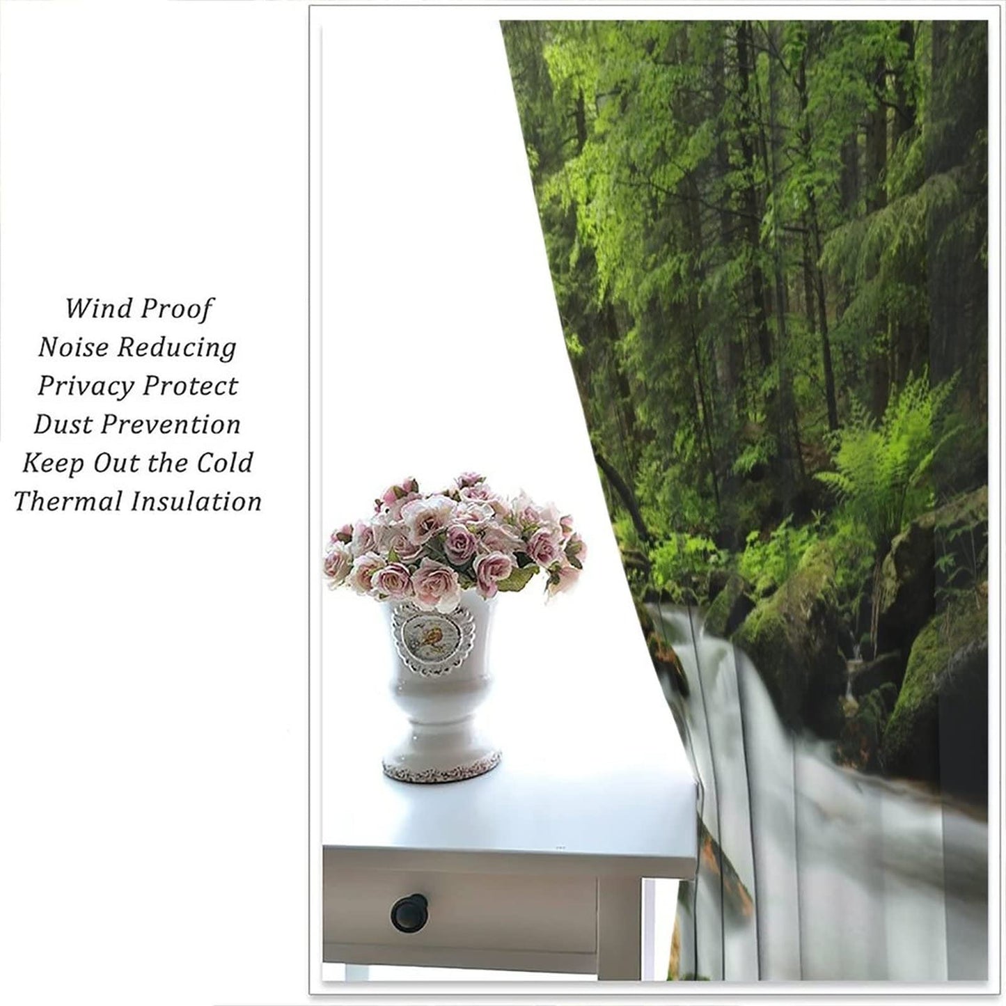 Forest Waterfall Curtains, Spring Nature Landscape Theme in Tropical Forest, Blackout Decorative Curtains for Bedroom Living Room, 2 Panel Set, 42X45 Inch