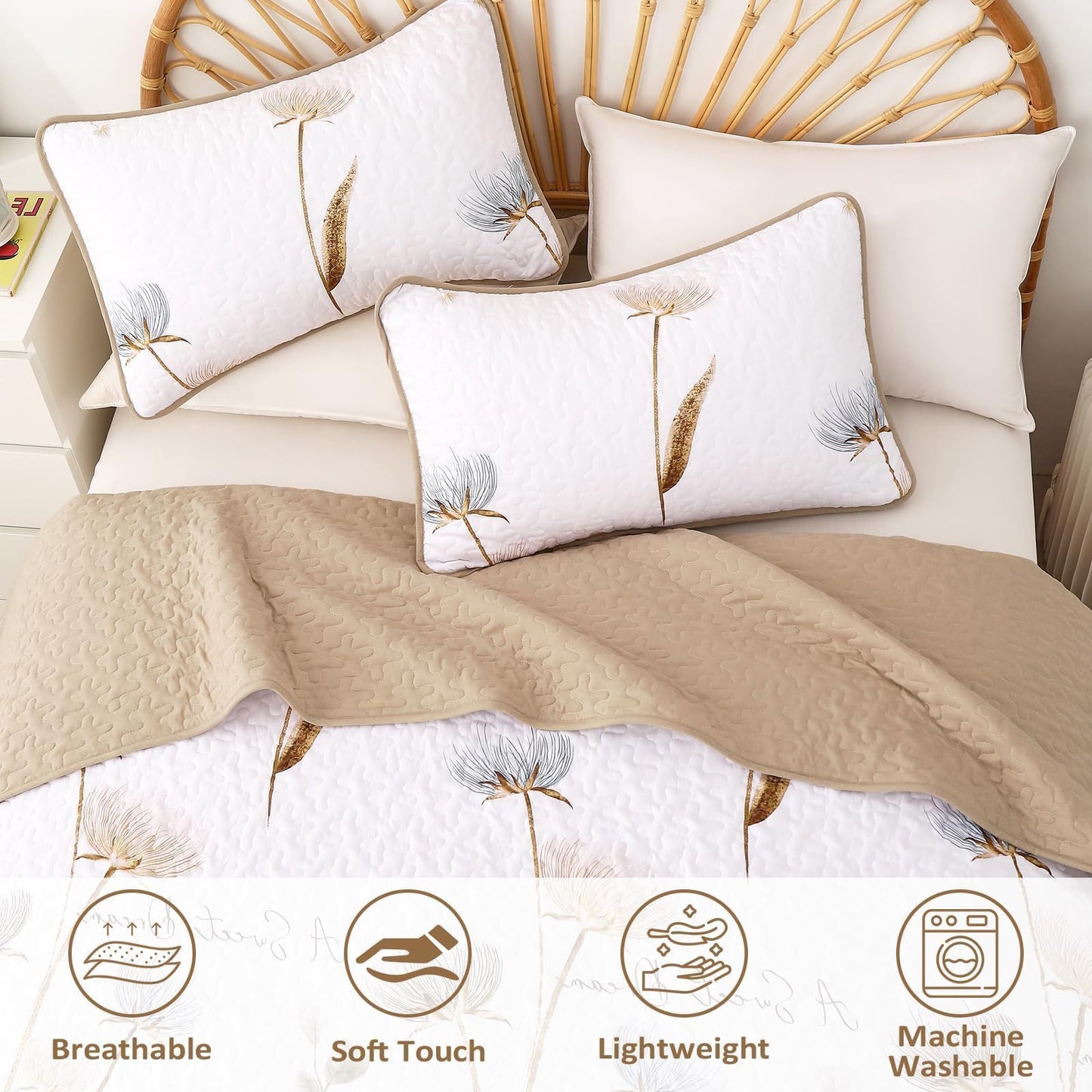 Dinjoy Floral Quilt Set Queen,Beige/Khaki Bedspread Queen Size 3 Pieces Lightweight Fall Quilts Microfiber Farmhouse Bedding Set Soft Flower Bedspreads White Coverlet Sets for All Seasons