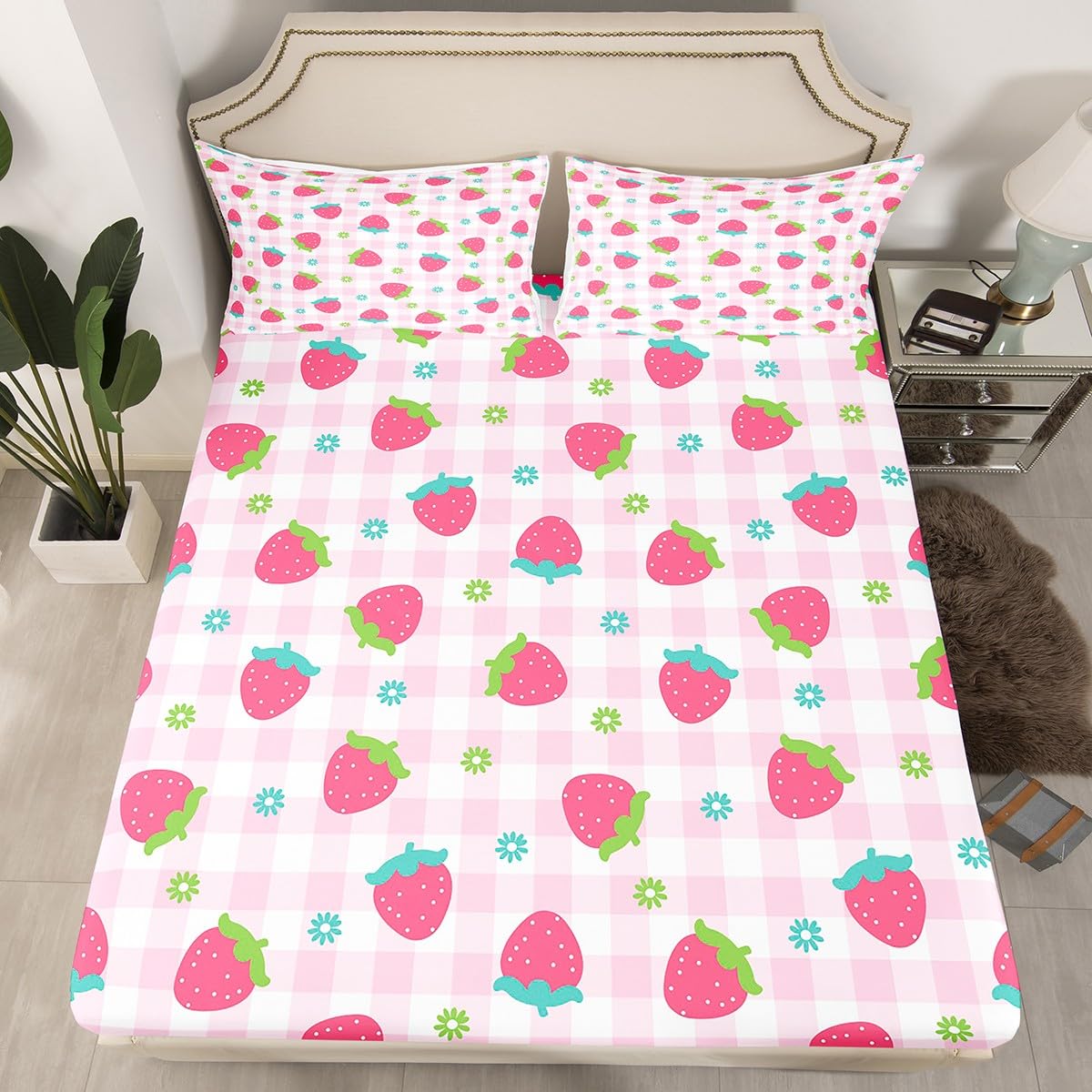 Girls Strawberry Bed Sheet Set Twin Kids Pink Buffalo Check Bedding Set Cute Strawberries Fruit Fitted Sheet Kawaii Room Decor Soft Geometric Grid Plaid Bed Cover with 1 Pillow Case, No Flat Sheet