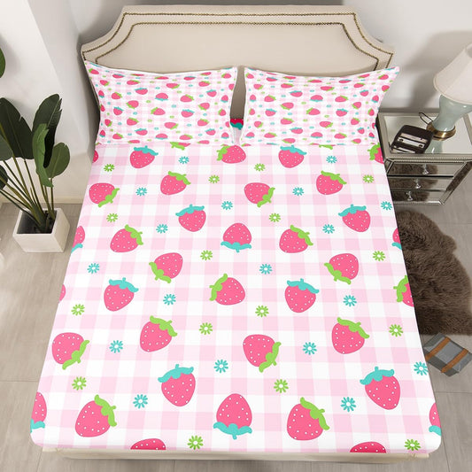 Girls Strawberry Bed Sheet Set Twin Kids Pink Buffalo Check Bedding Set Cute Strawberries Fruit Fitted Sheet Kawaii Room Decor Soft Geometric Grid Plaid Bed Cover with 1 Pillow Case, No Flat Sheet